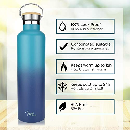 Milu Botella de Agua, 500ml, 750ml, 1000ml (+3 Tapas) - Acero Inoxidable, Libre BPA, Para Bebidas Calientes, Frías y Carbonatadas (Azul Verde, 750ml) - Imagen 3