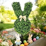 Lighted Artificial Easter Bunny Topiary Trees with Ground Spike, 22" Pre-lit Boxwood Bunny Topiary Outdoor for Easter Porch Decor, Lifelike Rabbit Shaped Faux Topiary for Garden Yard (1, Unlit)