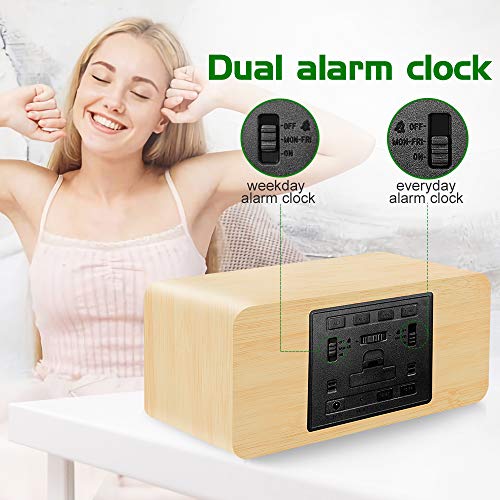 Mosito Digital Wooden Alarm Clock With Wireless Charging, 0-100% Dimmer, Dual Alarm, Weekday /Weekend Mode, Snooze, Wood Led Clocks For Bedroom, Bedside, Desk, Kids (Bamboo) #TOP3