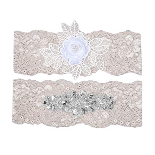 Preisvergleich Produktbild Deloito Damen Mode Spitze Gestickten Strumpfband Set Hochzeit Strumpfgürtel Strass Blumenmuster Oberschenkelgurt Garter für die Braut Party Oberschenkel Band (Beige)