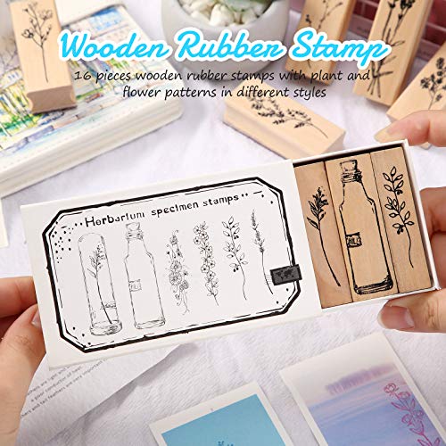 16 Pieces Vintage Wood Rubber Stamps Flower And Plant Decorative Rubber Stamp Wooden Mounted Stamp Set For Diy Crafting, Scrapbook, Painting, Letters Diary, Teaching And Card Making #TOP2