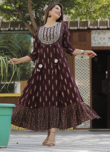 Image of Manbhar Fashion Embroidered Gown Women's Rayon Anarkali Gold Printed Kurti Floral Dress Gown Women Printed Pure Rayon Flared Kurta