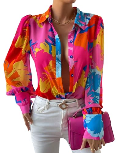 Button Down Shirts for Women Dressy Lantern Long Sleeve Blouses Printed Casual Loose Colorful Blouse Work Tops