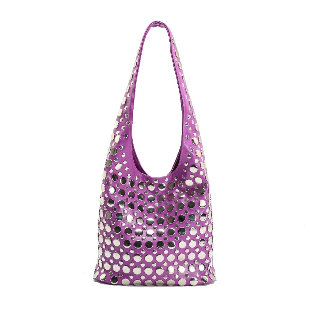 Ophlid Stylish Studded Hobo Bag Y2K Rivets Bucket Purse for Women Trendy Small Shoulder Tote Handbag Purple