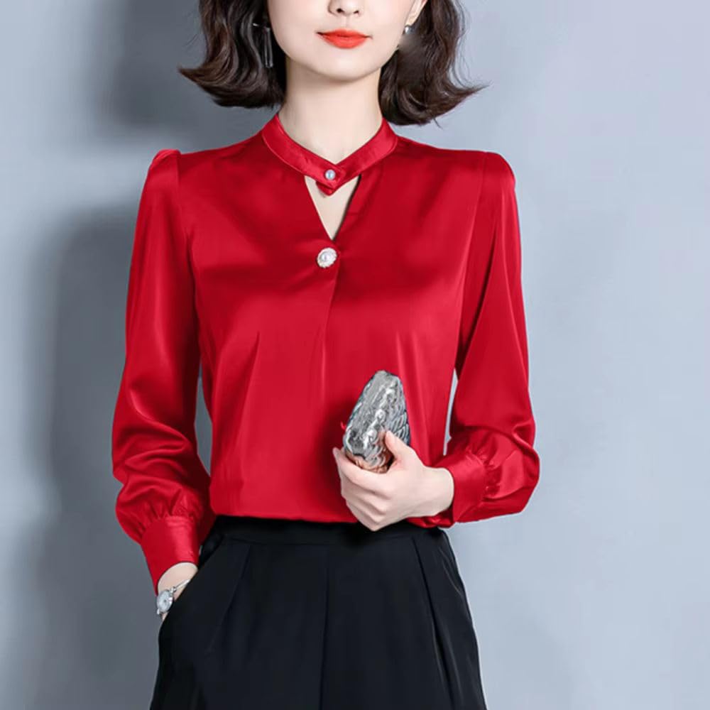 Blusa de satén de manga larga para mujer, para oficina, formal, ropa de negocios vintage