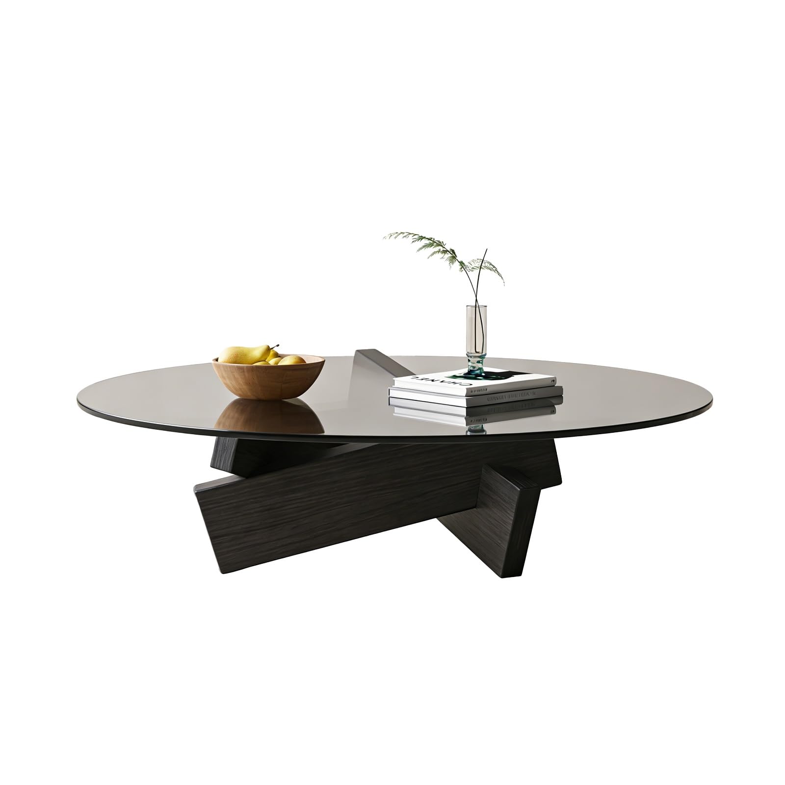 Table basse de salon ronde en verre trempé et métal noir large