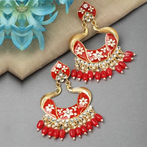 Gold-Plated Peacock Earrings with Kundan & Pearls