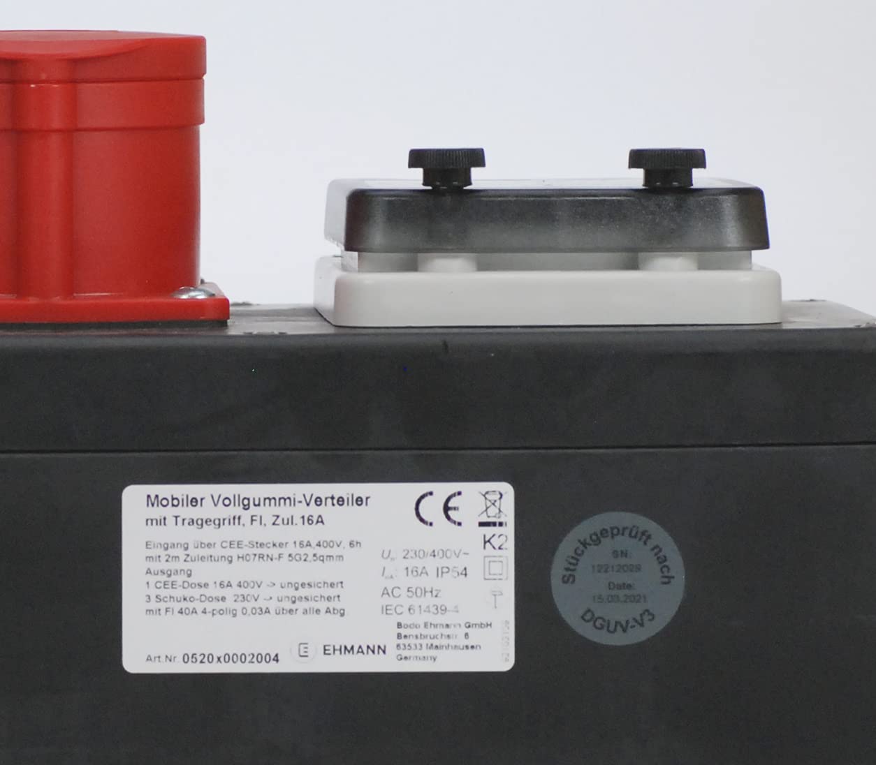 Ehmann PROFI Verteiler-Block mit FI Schalter, Made in Germany, 4 Ausgänge (1 x CEE 16 A, / 3 x 230 V~), 2m Zuleitung H07RN-F 5G 2,5mm², IP54, K2, BGI-GUV-I608