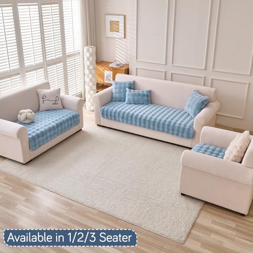 Image of HOKIPO 'FurHug' Luxury Faux Rabbit Fur Anti Slip Sofa Seat Mat for 2 Seater, Charm Blue (NEW-5013-BL*1)