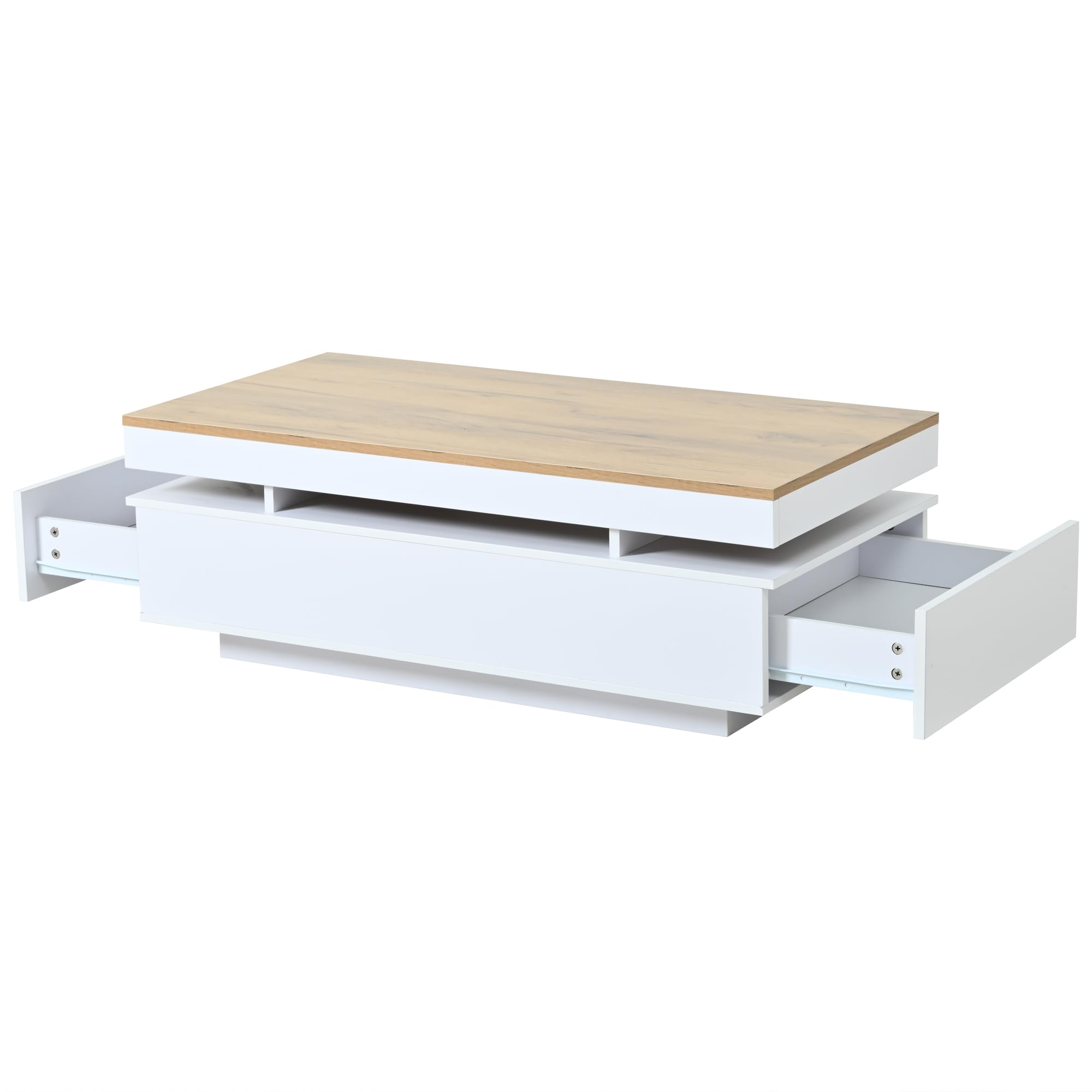 SACOOL 100 x 50 x 35 cm Mesa de centro con 2 cajones, mesa auxiliar LED de alto brillo, mesa de té, mesa de sofá, mesa de salón, mesa de café, color blanco + tono de madera, blanco, madera