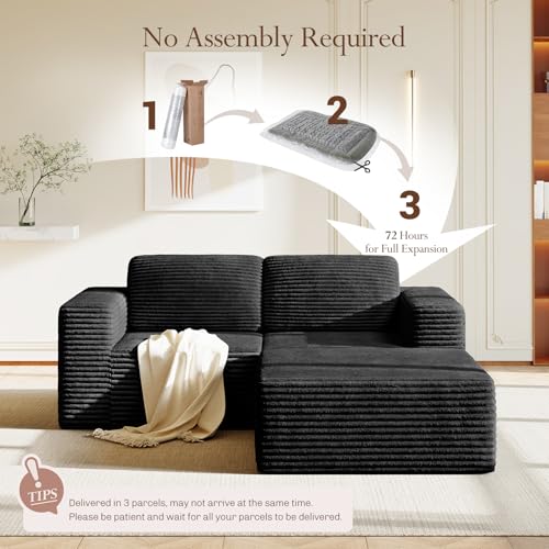 Image of Vesgantti 80 inch Modular Sectional Sofa, Corduroy Cloud Couch with Deep Seats & Spring Support, Compact 2 Seater Boneless Couch, L-Shaped Modular Sofa for Small Spaces, Apartments, No Assembly, Black