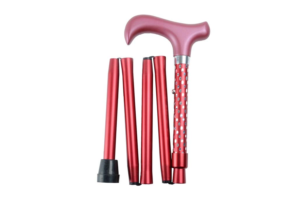 Thuasne - MaPetiteCanne Fantaisie - Bastón de Colores - Ajustable - Plegable en 5 Partes - Mango Derby de Madera - con Correa de Mano y Funda - para Uso Diario - Motivo Diamante Rojo