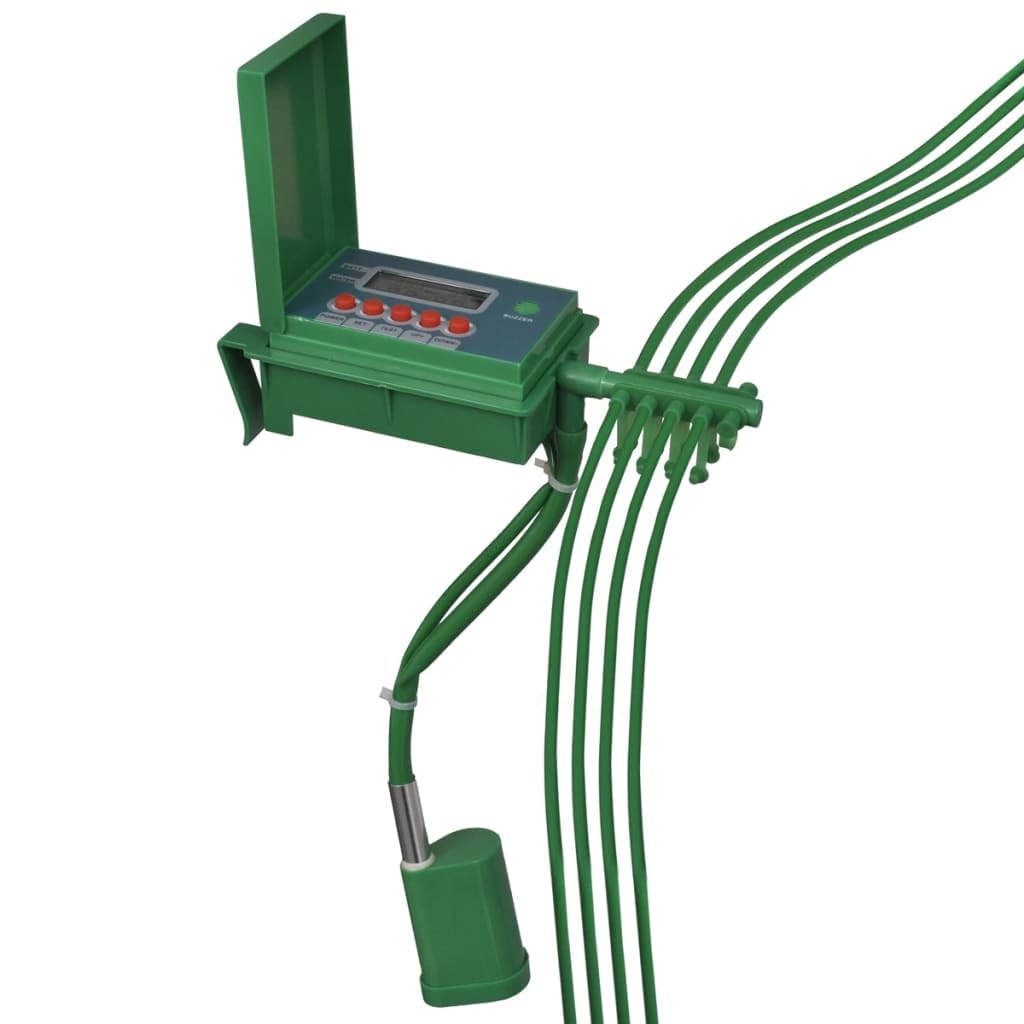 Sistema di irrigazione automatico con timer e display LCD, tubo in vinile da 10 m, 10 perni a molla in acciaio inox, controllo di irrigazione per irrigazione del giardino, irrigazione del