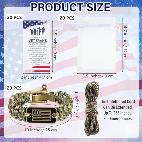 Tondiamo 10 Set Veterans Day Paracord Bracelet for Men Military Army Tactical Survival Bracelet with Bronze USA Flag with Memorial Day Card Bulk Organza Bag2