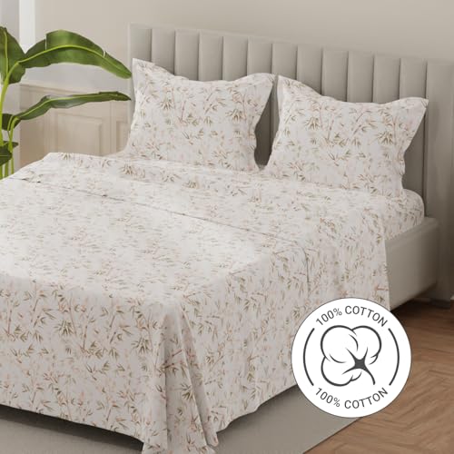 Image of Layers 100% Cotton Bedsheet for King Size Bed | Lumina Floret Collection | 144 TC Soft & Breathable | Printed with 2 Pillow Covers | Wrinkle Free & Colorfast | 3 Piece Bedding Set - Brown & White