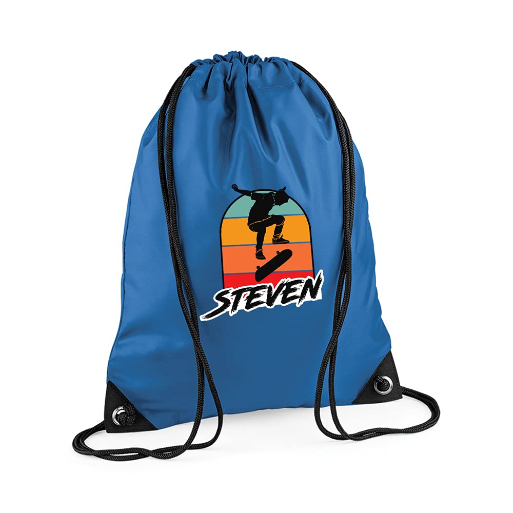 Getagift Boys Sapphire Blue Personalised Any Name Skateboarding, Silhouette Skater, Skateboarder Gift For Kids /Girls/Children, Drawstring Bag, Pe Gym Kit School, Swimming, Pe Kids Sport Rucksack. (Sapphire Blue)