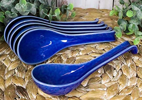 Ebros Japanese Contemporary Colorful Glossy Porcelain Soup Spoons With Ladle Hook Pack Of 6 Set Eating Spoon For Asian Kitchen Dining Dessert Soups Restaurant Supply Dishwasher Safe (Blue) #TOP21