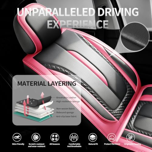 Image of Fit Trailblazer Car Seat Covers for Chevrolet /Chevy Trailblazer 2021-2026 - Premium Breathable Leather,Airbag Compatible,Waterproof All-Weather Seat Cushion Protector, 2 Front Seat Pink&Black