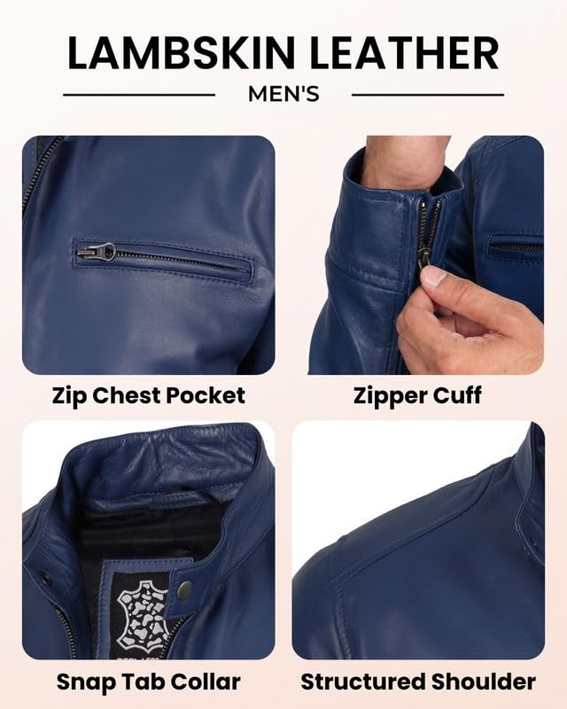 Image of Blingsoul Leather Jacket Men - Real Lambskin Cafe Racer Motorcycle Style Jacket for Mens