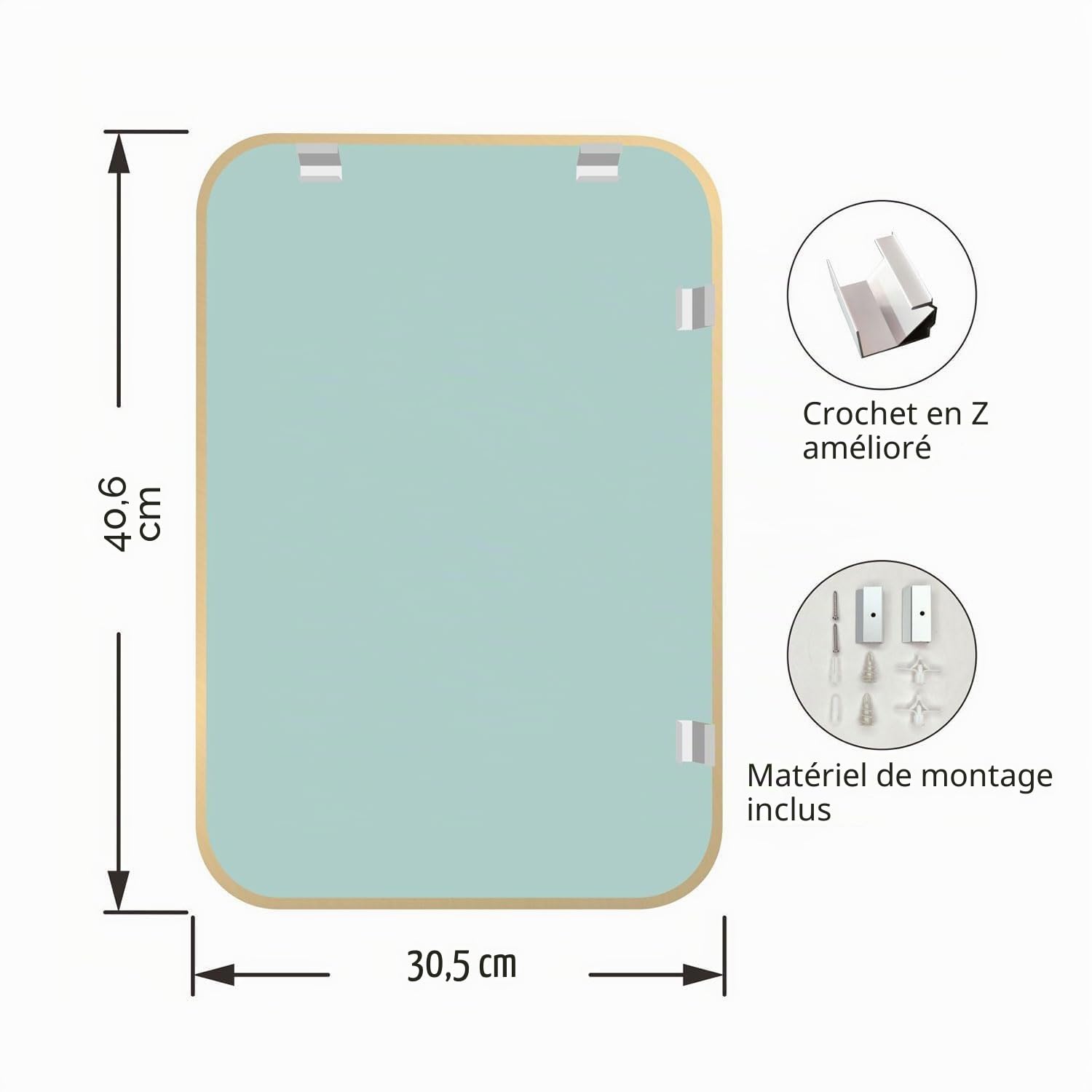 Miroir rectangulaire mural avec cadre en métal doré mat brossé avec coins arrondis, 30,5 x 40,6 cm, miroir de salle de bain pour salon ou chambre à coucher, vertical ou horizontal