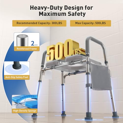 Image of WHLICKS 500lbs Raised Toilet Seat with Handles - Adjustable Width Elevated Seat, Cozy Padded Toilet Seat Risers for Seniors, Handicap & Disabled, Fits All Toilets, Gray