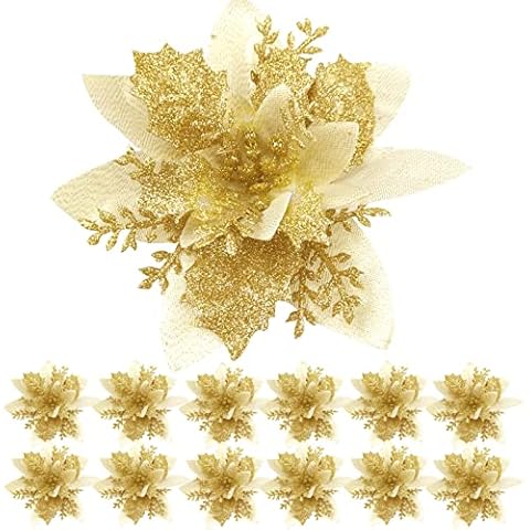 Christmas Glitter Poinsettia Flowers, 12 Pieces Artificial Flowers Decoration with Ornament Clips and Stems, Glitter Poinsettia Christmas Tree Decor for Window Garland Decor, Floral Decor(Gold) Cover