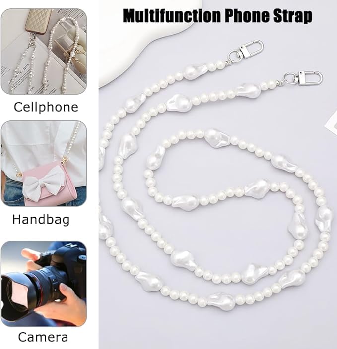 Image of KHOLAD White Bow Phone Chain Crossbody Pearl Strap | 2in1 Wrist & Shouler Crossbody Lanyard | Pearl Beads Charms Chain with Phone Tether Patches | Compatible with Most Phones, Bag, Purse