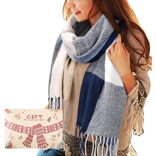 Tuopuda Damen Plaid Dreieckschal Winter, Pashmina Schal Weiche Quaste Wickeltuch Weihnachtsgeschenke Für Adventskalender, Blau + Weiß,...