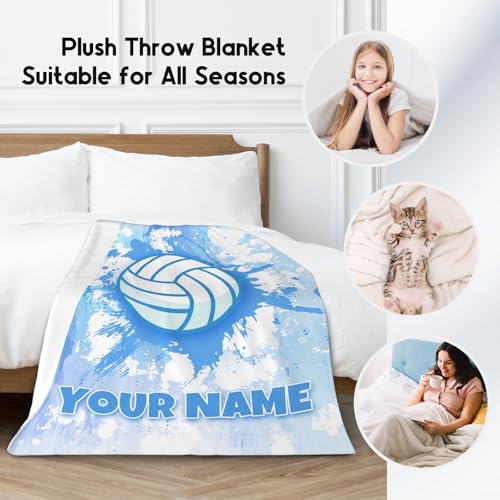 Custom Volleyball Blanket, Cozy Soft Throw Blankets for Kids, Cool Blue Flannel Throw Gifts for Bed Travel, 50x60 Inches