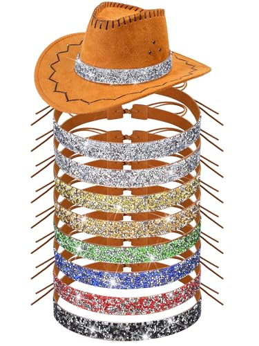 Image of XunYee 8 Pcs Rhinestone Cowboy Hat Bands for Women Adjustable Western Diamond Bling Hat Belt for Men Cowgirl Panama Straw Cap