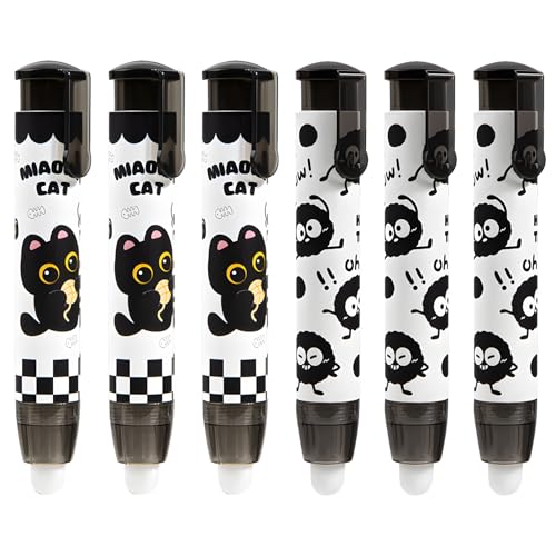 Gommes rétractables chat noir lot de 6 l'idée cadeau de papeterie originale