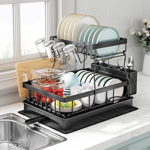 Image of ZROY Dish Drying Rack 2-Tier with Drainboard for Kitchen Countertop - Stainless Steel Dish Drainer with Utensil Holder, Cup Rack, Knife Storage & Water Drain Spout (New Black Rack 2-Tier)