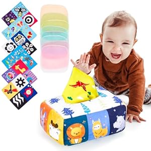 Baby Tissue Box Toy Sensory Toys for Babies Baby with Chew Toys and Mirror, Montessori Toys for Babies 0-6 Months Tissue Box Sensory Toys Baby Games Montessori Toys,White