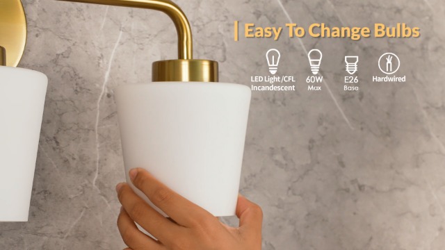 Image of Brushed Gold Bathroom Vanity Light, Farmhouse Brass Sconces Wall Lighting with Milk White Glass, 3-Light Bathroom Light Fixture Over Mirror, AD-22004-3W-GD