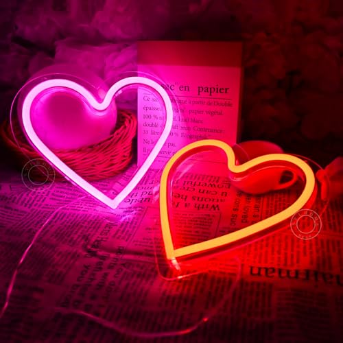Image of SYLHOME 2 Pack Heart Led Neon Light Sign Battery Operated or USB Powered Bedroom Wedding Wall Sign Decor Valentines Day Christmas Birthday Gifts USB 7.87 inch X 7.28 inch Pink & Red
