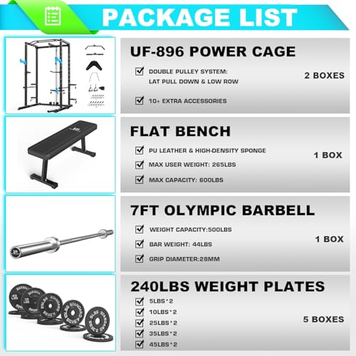 Image of ULTRA FUEGO Power Cage, Multi-Functional Power Rack with J-Hooks, Dip Handles, Landmine Attachment and Optional Cable Pulley System for Home Gym