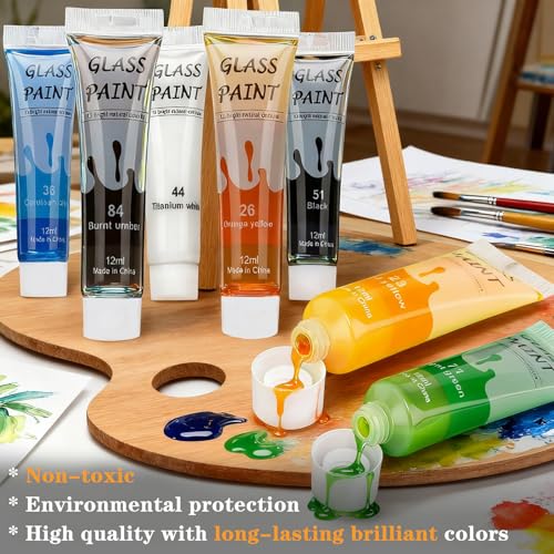Professional Glass Paint Set for Glass – 12 Palette Colours, Non-Toxic Paint, Artisan Satin Paint, 12 x 12 ml, Rich Pigment