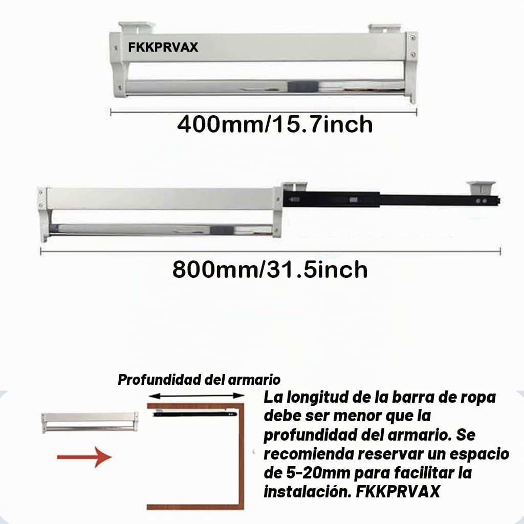 Barra de armario extensible extraíble Riel para perchas Perchero ajustable Riel para ropa (Size : 400mm)