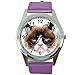 Taport® Orologio analogico al quarzo con cinturino in vera pelle viola rotondo per fan di Grumpy CAT