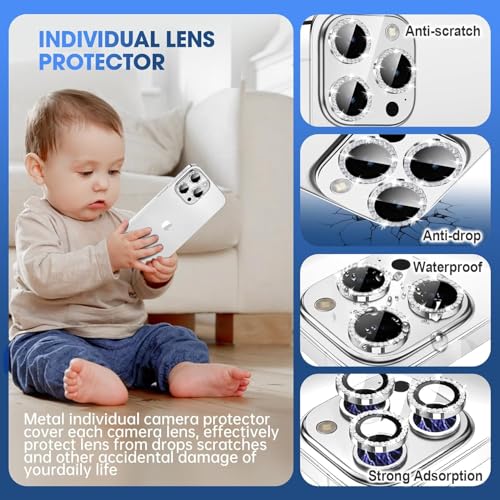Image of DIAMOND Camera Lens Protector For IPHONE 16 PRO / 16 PRO MAX / 15 PRO / 15 PRO MAX ( SILVER ) UHD 9H Glass, Anti Drop, Scratch Resistant, Case Friendly, Removable, Waterproof, Heavy Duty Camera Protector, ( BUY 2 GET 1 FREE )
