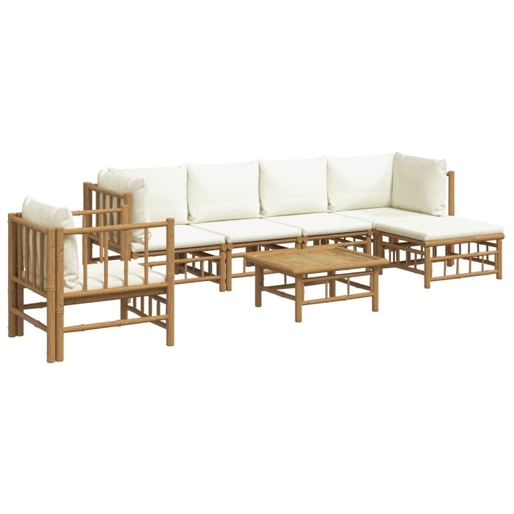 vidaXL Garten Lounge Set 7-TLG., Gartenmöbel Set mit Cremeweißen Kissen, Sitzgruppe für Garten Terrasse, Modular Sofa Garnitur Loungemöbel, Bambus