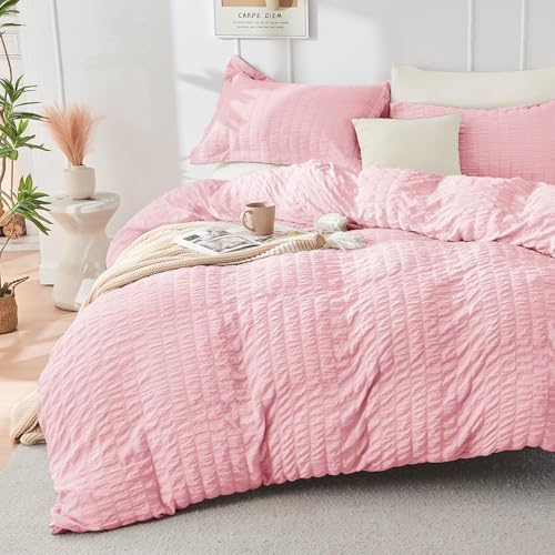 Image of HYMOKEGE Pink /Ivory California King Comforter Set Seersucker 7 Pieces, All Season Luxury Bed in a Bag for Bedroom, Bedding Set with Comforter, Sheets, Pillowcases & Shams