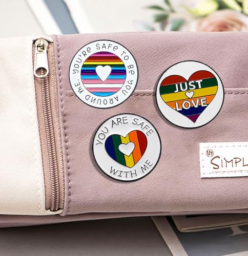 Image of Round Rainbow Enamel Brooch For Women Men, You're Safe To Be You Around Me Badge Pin with Inspirational Quote Lapel Brooches for Clothing Bags Backpacks Jackets Hat Accessory Decoration Jewelry Gifts
