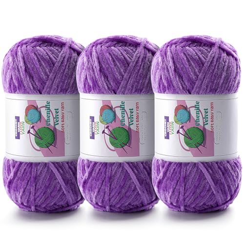 Image of 3 Skeins Soft Fluffy Velvet Yarn, Chenille Chunky Yarn for Hand Knitting and Crocheting DIY Craft, Amigurumi Crochet Yarn（3x196.8yds, 3x3.5oz） (Purple)
