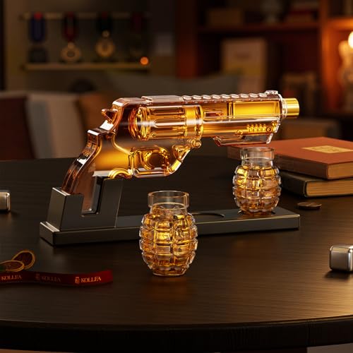 Image of Kollea Whiskey Decanter Set with Grenade-Shaped Shot Glasses, Anniversary Birthday Gifts for Men Who Have Everything, Whiskey Gifts for Father, Husband, Boyfriend & Military Enthusiasts, Fathers Day