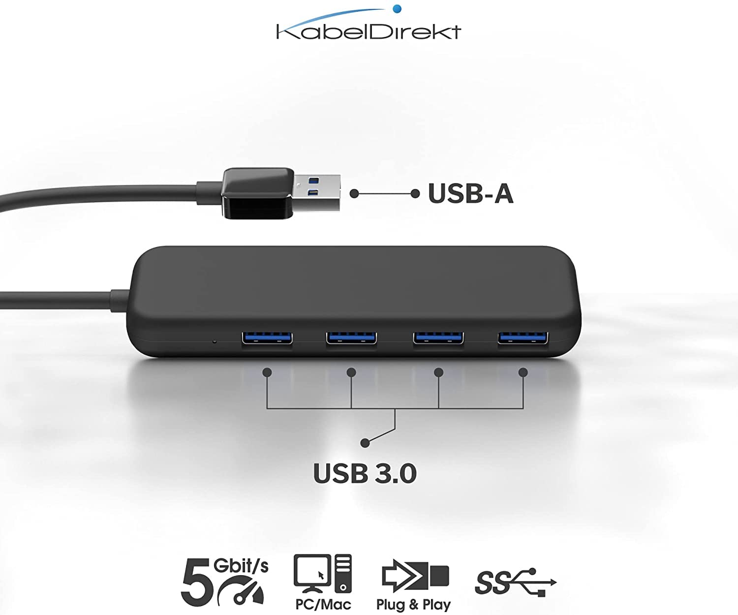 KabelDirekt Hub a 4 porte USB-3.0 (design slim, Plug & Play su PC/portatile/Mac, 4 porte USB-A/1 connettore USB-A, per connessioni USB, Speed/5 Gbit/s, nero) (Confezione da 5)