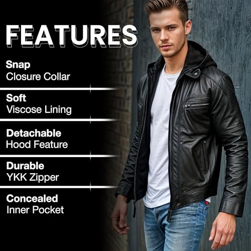 Mens Black Leather Jacket with Removable Hood - Real Lambskin Leather Motorcycle Jacket4