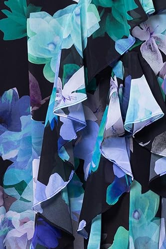 Image of Betsy & Adam Women's Elegant Long Chiffon Floral Dress with Ruffle Detail and Tie Neck, Black /Teal, 8