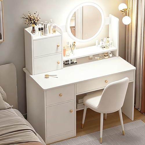 Catálogo para Comprar On-line Tocador Walmart para comprar hoy. 45 KINKUNCO Vanity con Espejo LED, Tocador de Maquillaje con 2 Cajones y 3 Armario y 4 Estantes Abiertos, Tocador Minimalista, Adecuado para Dormitorio y Vestidor (Blanco)