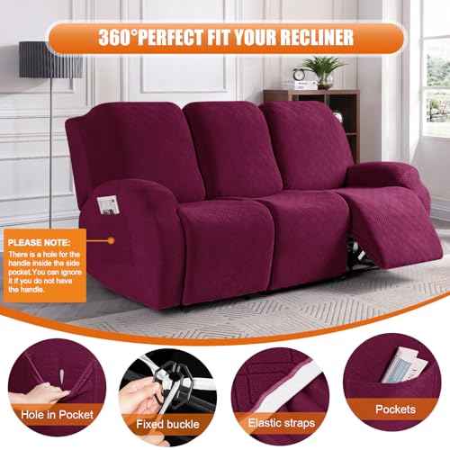 Image of VANSOFY Recliner Cover, 3-Pieces Stretch Reclining Couch Covers with Pockets Reclining Sofa Slipcovers 3 Seater Soft Washable Furniture Protector for Dogs Cats(Burgundy)